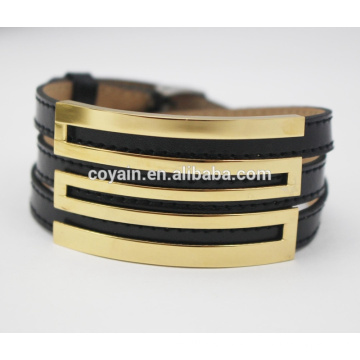 Chic Wide Black Leather Bracelets with Stainless Steel Clasp